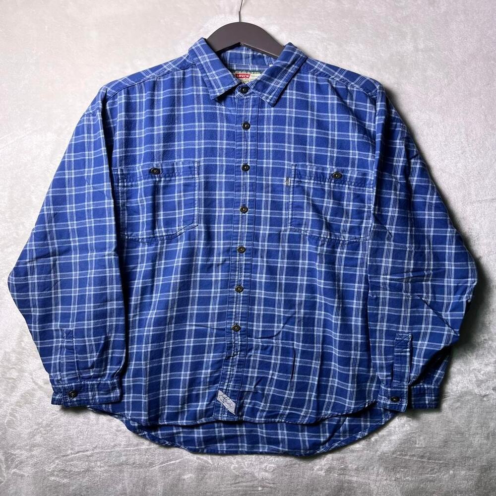 VTG 90's Levi's Cotton Flannel Men's L Grunge Plaid Metal Buttons Made in Russia